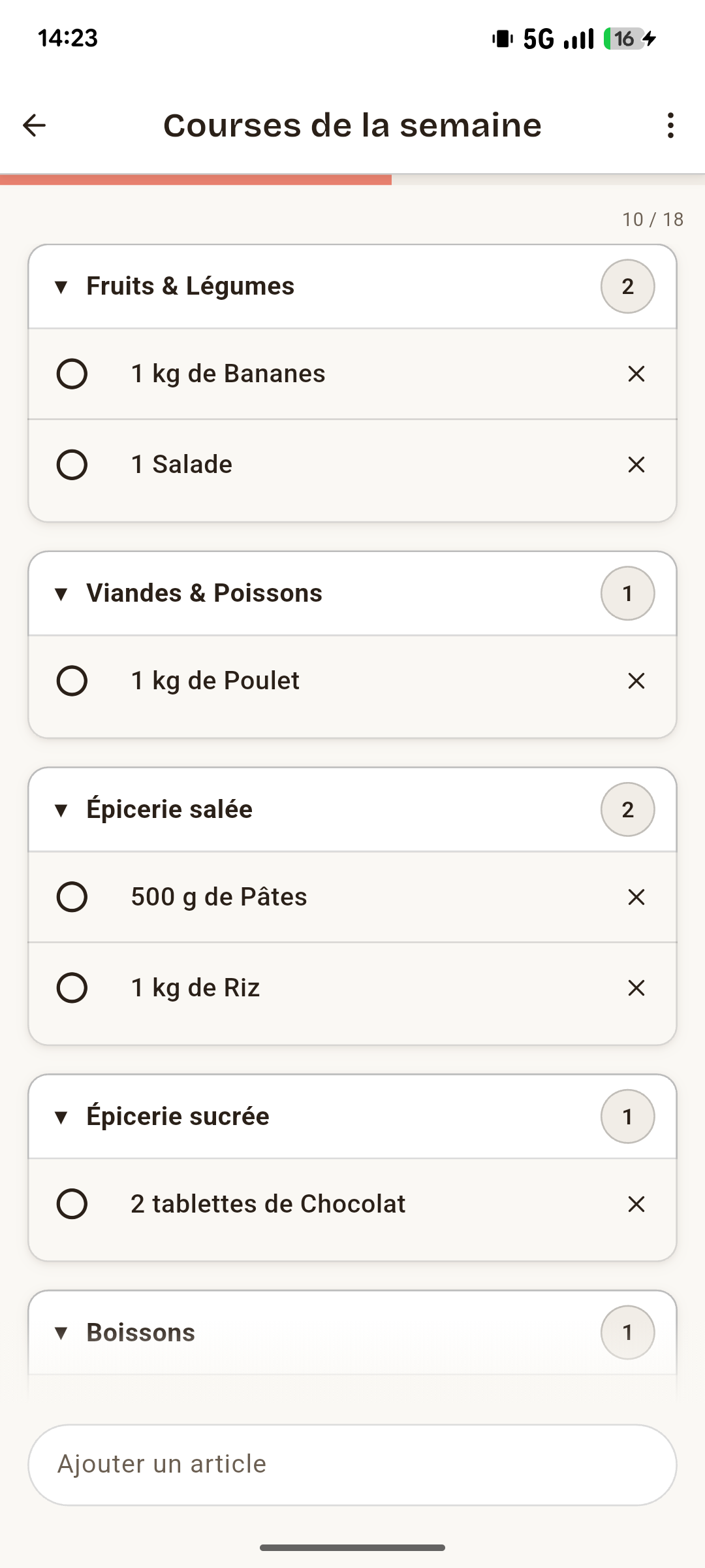 L'écran Listes de courses de Sumika