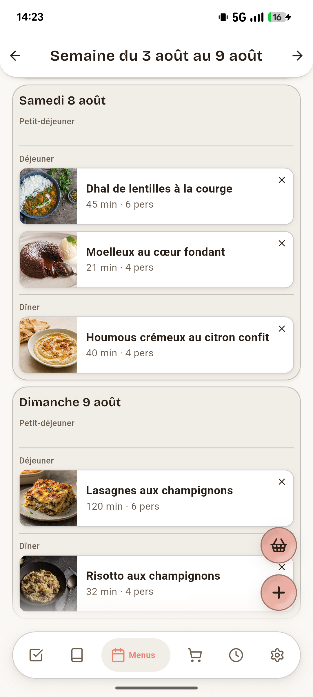 L'écran Menu de la semaine de Sumika