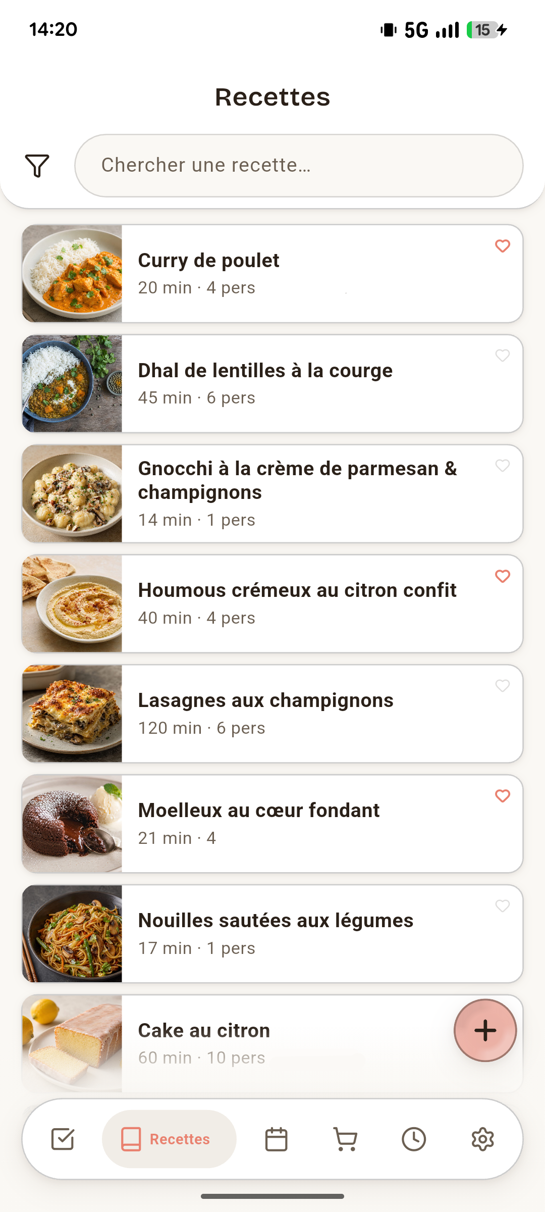L'écran Recettes de Sumika
