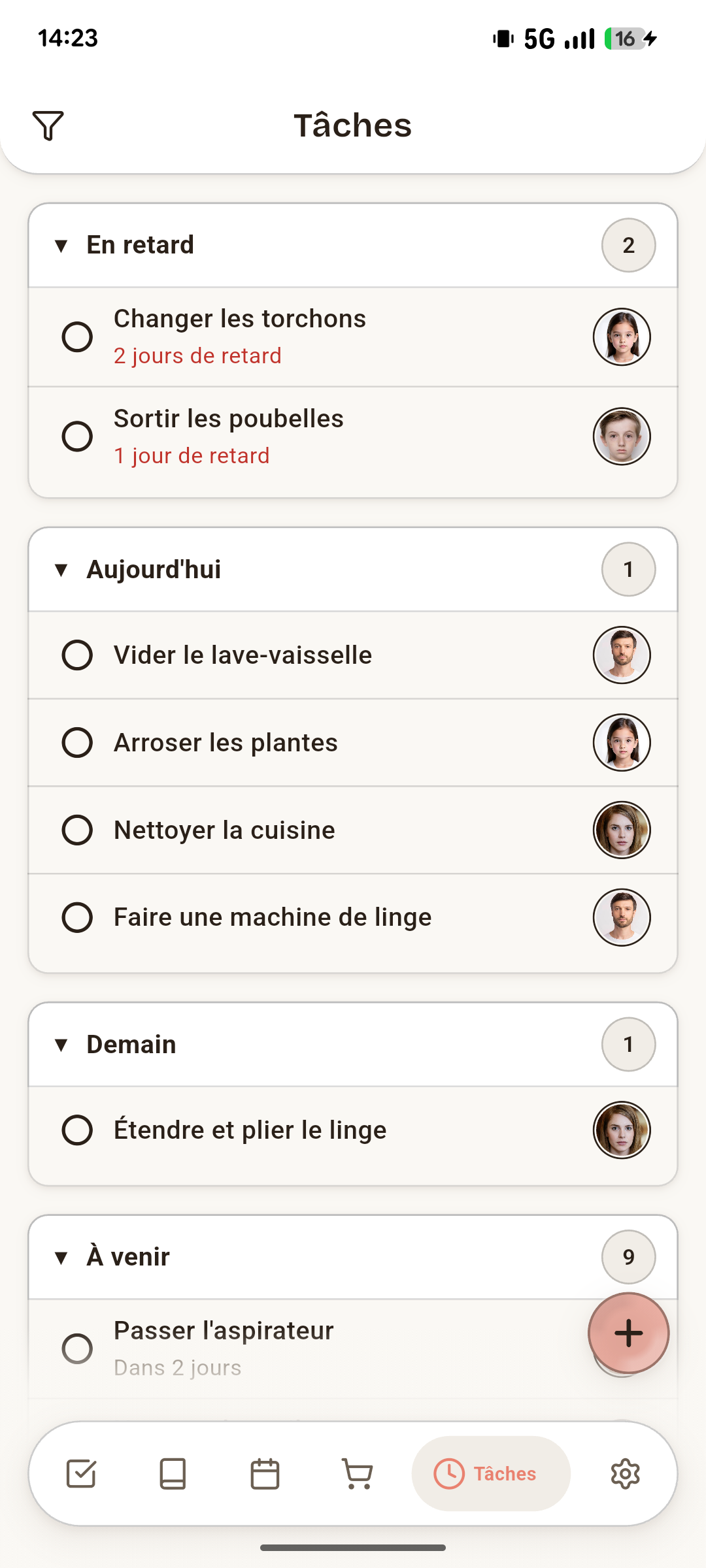 L'écran Tâches ménagères de Sumika